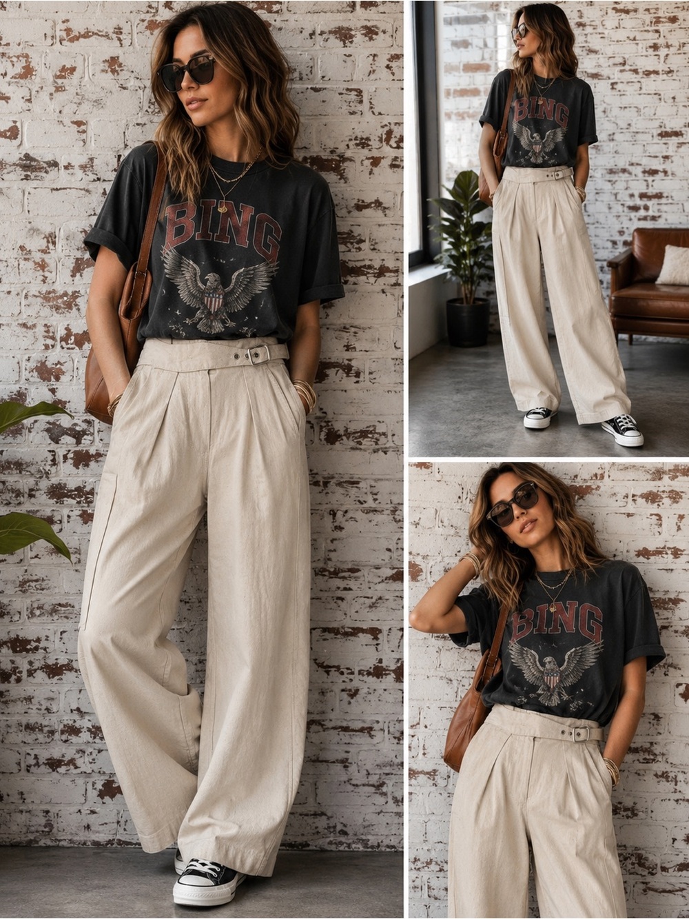 Free People Cream High-Rise Wide Leg Pants with Belt Detail